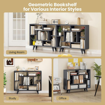 Giantex 3 Tier Geometric Bookshelf, Modern Freestanding Bookcase w/Staggered Shelves, Decorative Open Storage Display Shelves with Legs, Mid Century Storage Organizer for Living Room (Dark Gray)