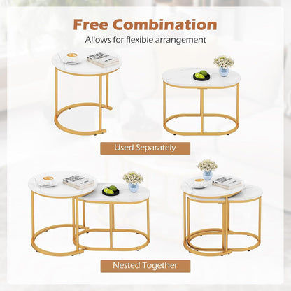 LDAILY Nesting Coffee Table Set with Marble-Look Top, 2-Piece | Golden Steel Frame, Easy Assembly, Accent Stacking Side Table, for Bedroom, Living Room, Apartment