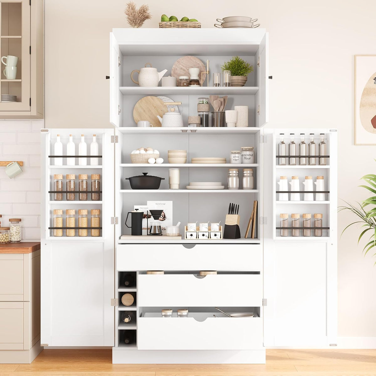 77'' Tall Freestanding Kitchen Pantry Cabinet, 35"L x 17.7"W Modern Shaker Style Cupboard with Adjustable Shelves, Wine Racks, Power Outlet & USB Ports, Anti-Tip Design, Easy Assembly (White)