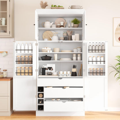 Large Freestanding Kitchen Pantry Cabinet, Cupboard Storage Cabinet with Adjustable Shelves, Door Shelves, Drawers and Wine Racks for Kitchen, Dining Room (White)