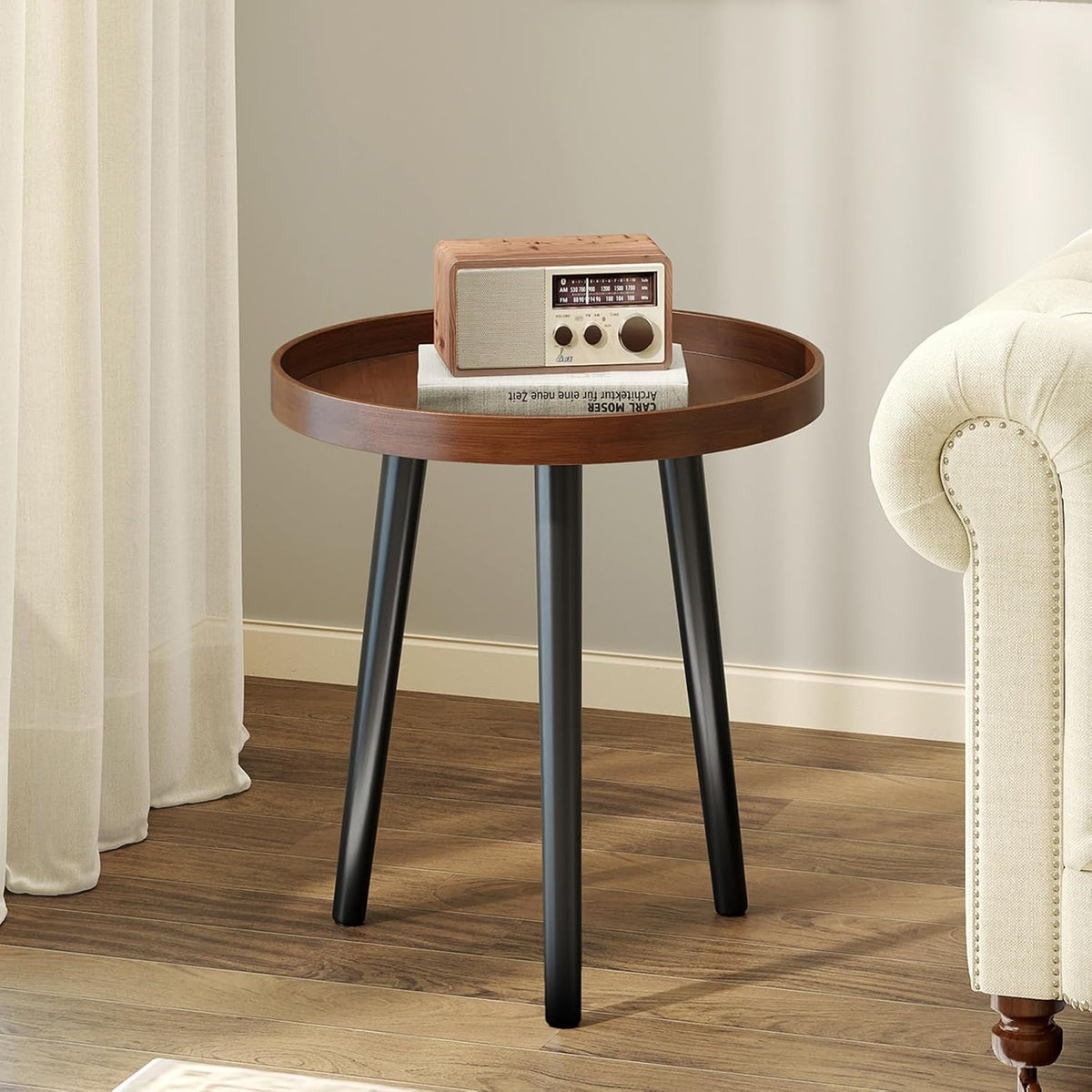 Giantex Round End Table, Mid Century Modern Side Table with Wooden Tray & Bamboo Legs, Sofa Couch Accent Table, Small Coffee Table for Small Space Living Room, Nightstand for Bedroom, Walnut