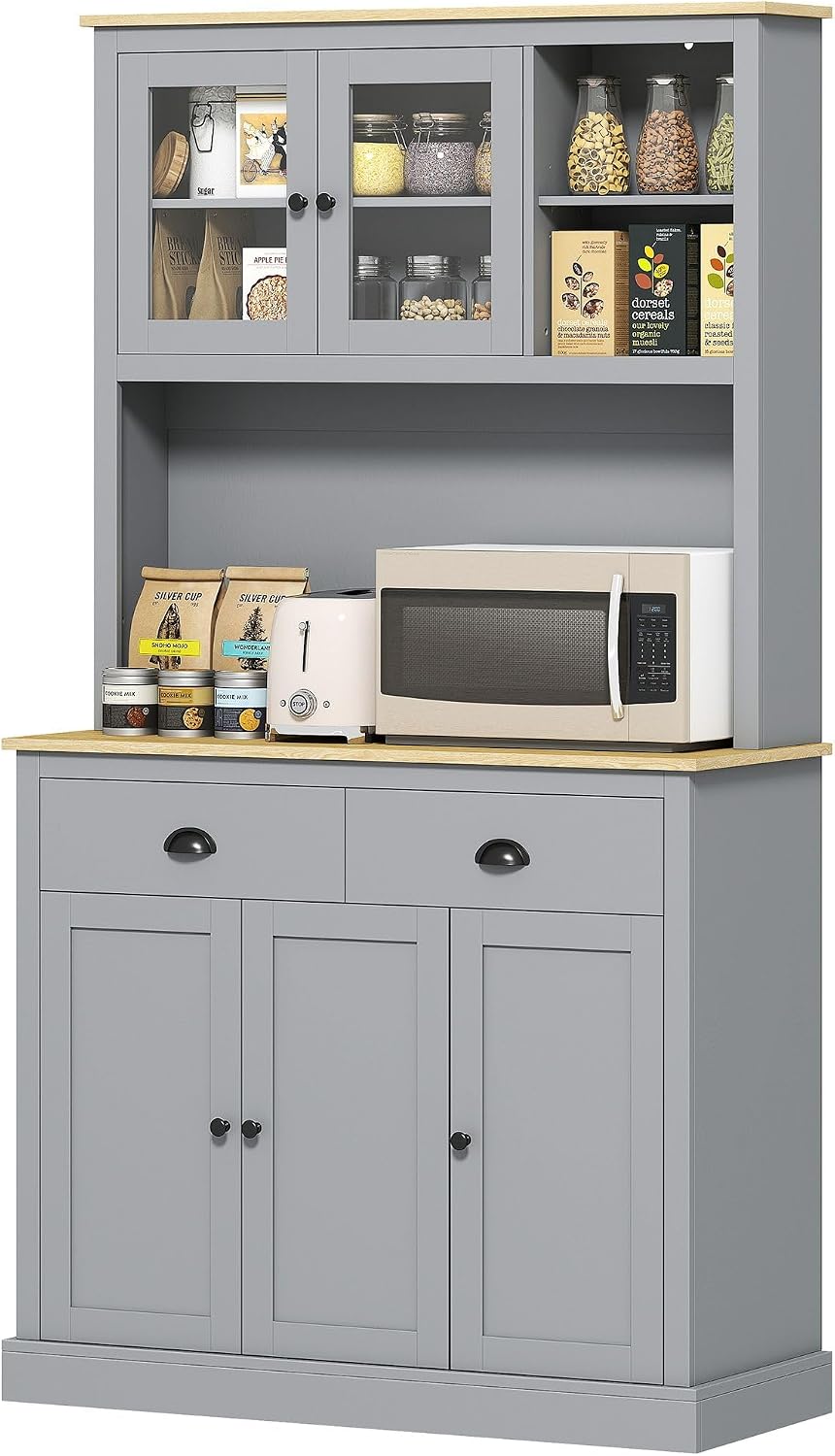 Pantry Cabinet 71-inch freestanding, Four Adjustable Shelves at Three Positions, Wide countertop Cable Hole, Gray and Yellow Oak Design