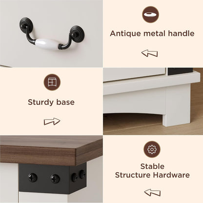 Maupvit Farmhouse Night Stand with Charger Station & Ceramic Handle, Wood Nightstand with 2 Storage Drawers, LED Bedroom Nightstand, Bedside Tables, Antique White