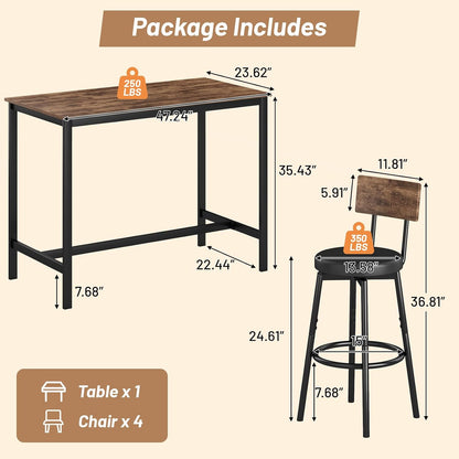 Zevemomo 5-Piece Dining Table Set, Bar Table Set for 4, Kitchen Table and Chairs, Counter Height High Top Table with 4 PU Upholstered Stools, Space-Saving Pub Table Sets for Small Space, Brown & Black