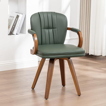 Swivel Dining Chairs Mid Century Modern Green Faux Leather Upholstered Kitchen Chairs with Bentwood Frame Armrests Side Chairs,Comfortable Ergonomic Wood Accent Chair No Wheels,1PCS