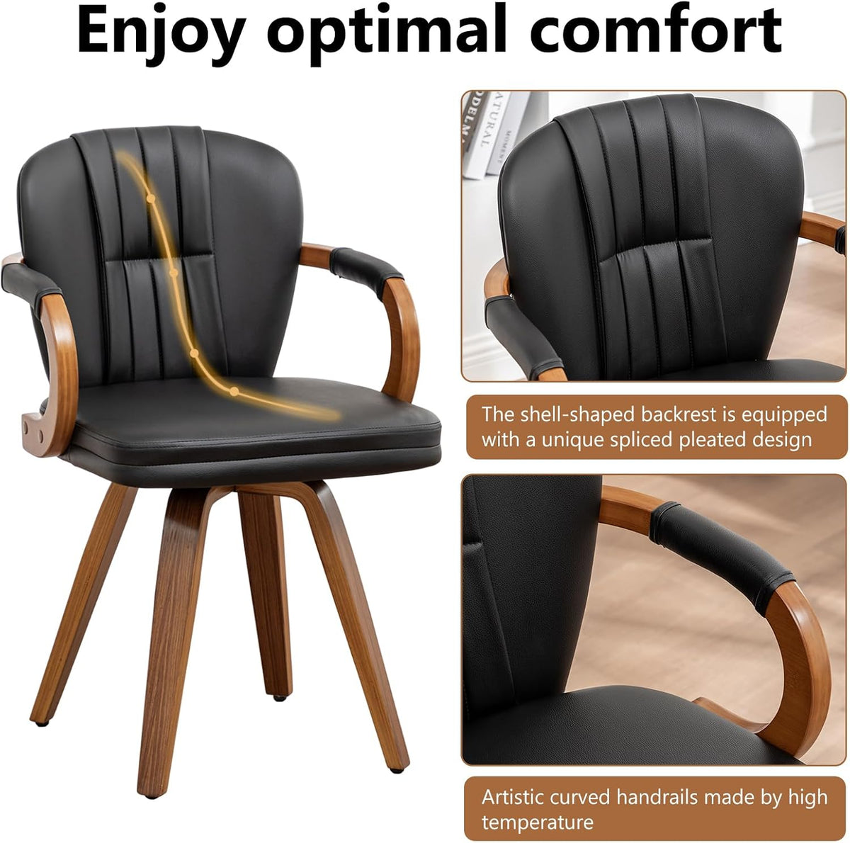 Swivel Dining Chairs Set of 4 Mid Century Modern Black Faux Leather Upholstered Kitchen Chairs with Bentwood Frame Armrests Side Chairs,Comfortable Ergonomic Wood Accent Chair No Wheels