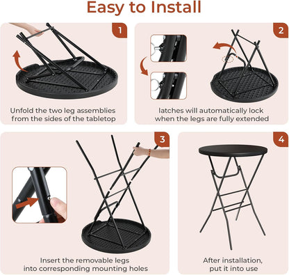 TLSUNNY 4Pcs 32" Folding Round Cocktail Table, High Top Bar Table, Black | Portable Folding Chair for Saving Space, with Locking Leg,Stable Crossbar,for Party, Commercial Events,Bistro,Indoor,Outdoor