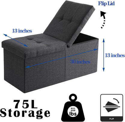 Storage Ottoman Bench Foldable Seat Footrest Shoe Bench End of Bed Storage with Flipping Lid, 75L Storage Space, 30 inches Linen Fabric Dark Grey