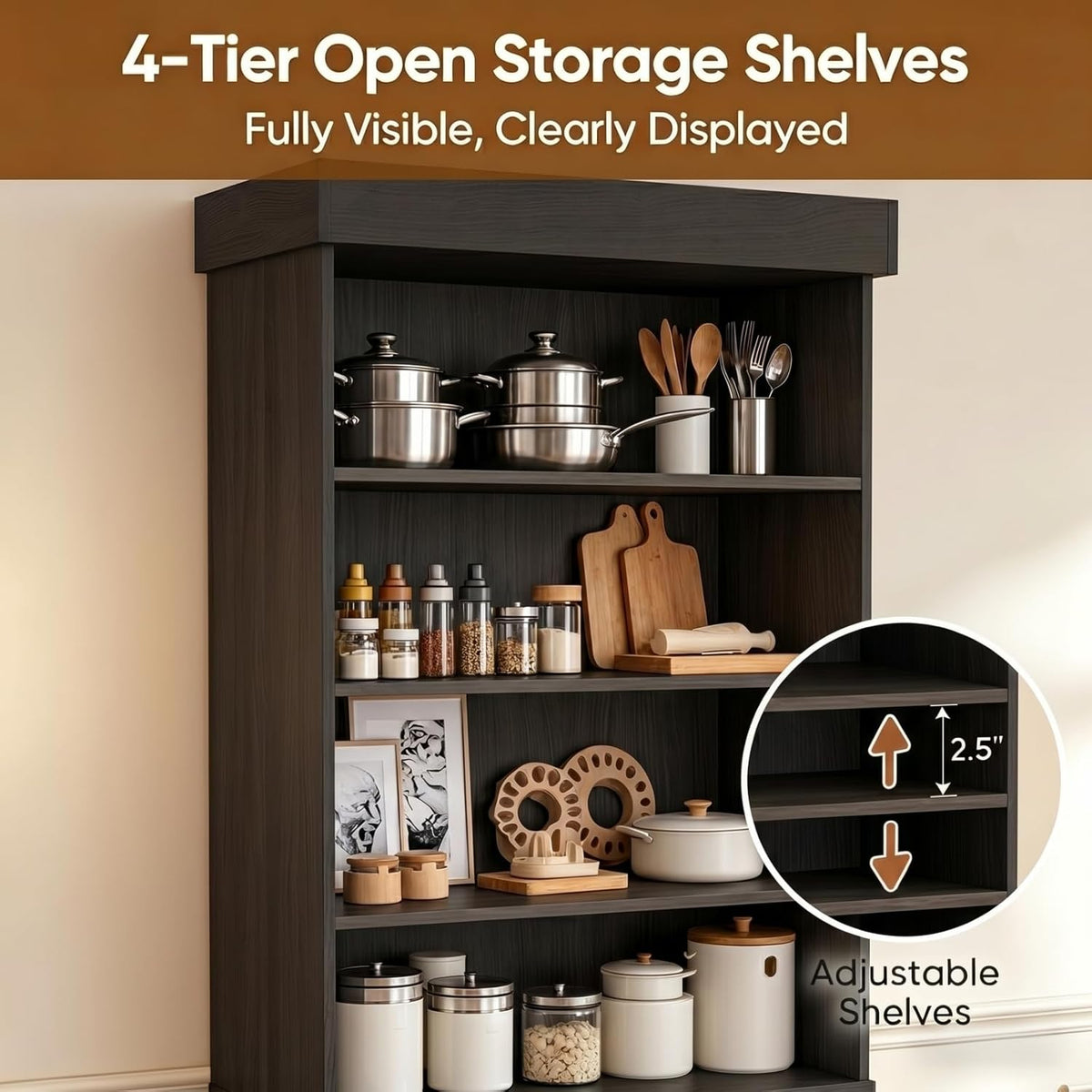 ivaniti 71" Tall Farmhouse Kitchen Pantry, Large Storage Cabinet with Glass Doors, Adjustable Shelves, 3 Drawer, Wood Versatile Hutch Cabinet for Dining Room, Living Room, Black 3 Pcs