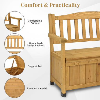 Fir Wood Outdoor Storage Bench, 2-Seater High Backrest Patio Loveseat with Armrest, Large Waterproof Deck Storage Box, Multipurpose Weather Resistant Organizer Bench