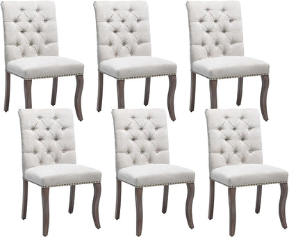Modern Dining Chairs Set of 6, Upholstered Accent Parsons Dinning Chairs with Tufted Back and Solid Wood Legs, Comfortable Chenille Fabric Kitchen Chairs for Dining Room/Kitchen, Beige