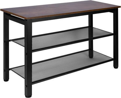 3-Tier Entryway Shoe Bench with Wood Seat, Industrial Metal Mesh Storage Rack for Hallway, Living Room, Rustic Brown, 29.5 Inch