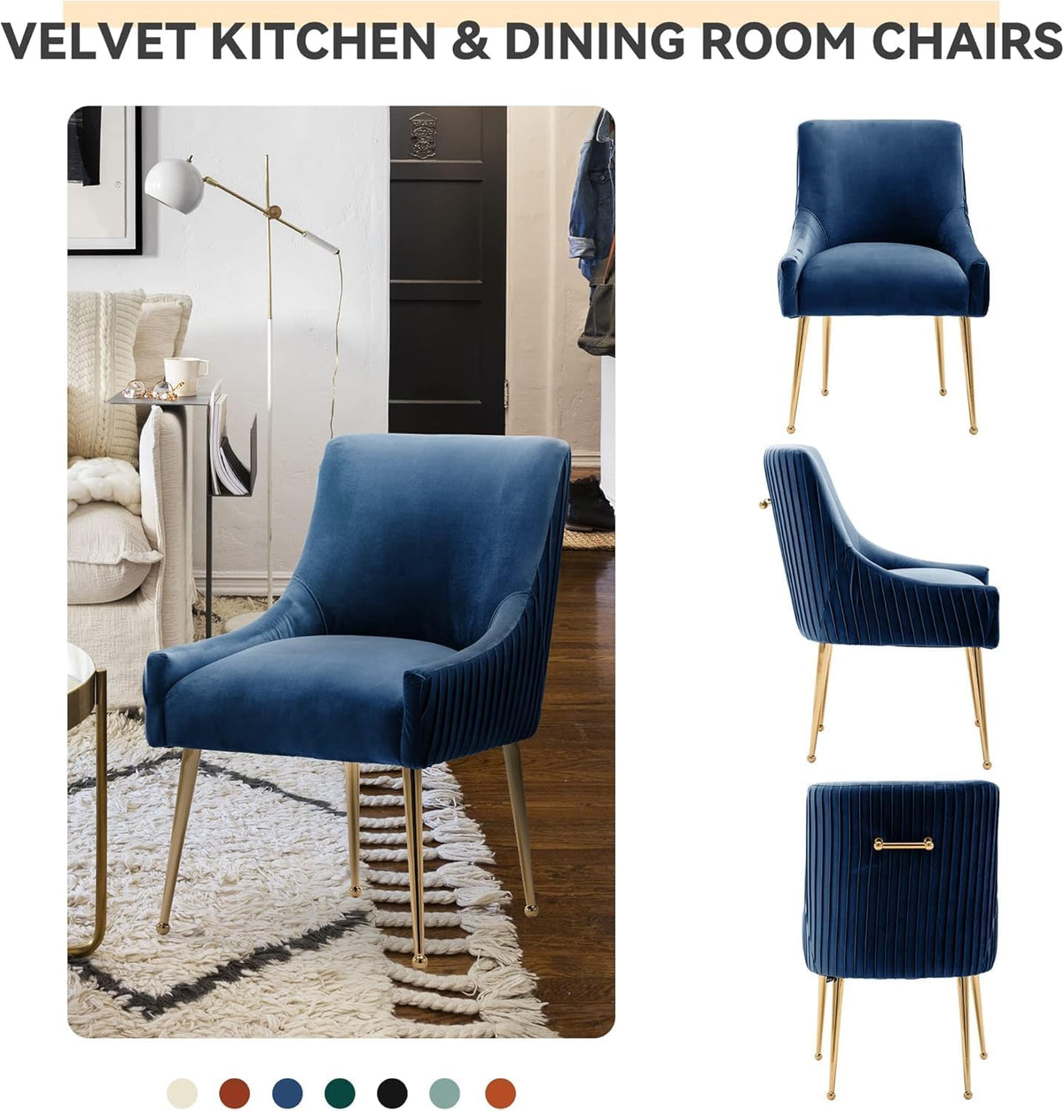 Dining Chairs, Accent Chairs Set of 4, Modern Upholstered Kitchen Dining Chairs with Gold Legs, Fabric Tufted Velvet Living Room Chairs for Reception Room Bedroom Kitchen(Navy Blue)