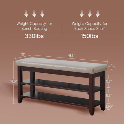 40" Shoe Bench with Leather Cushion, Upholstered Entryway Bench, Grey | Mid Century Modern Shoe Rack, Solid Wood Frame, 2-Tier, End of Bed, Hallway, Mudroom, Bedroom