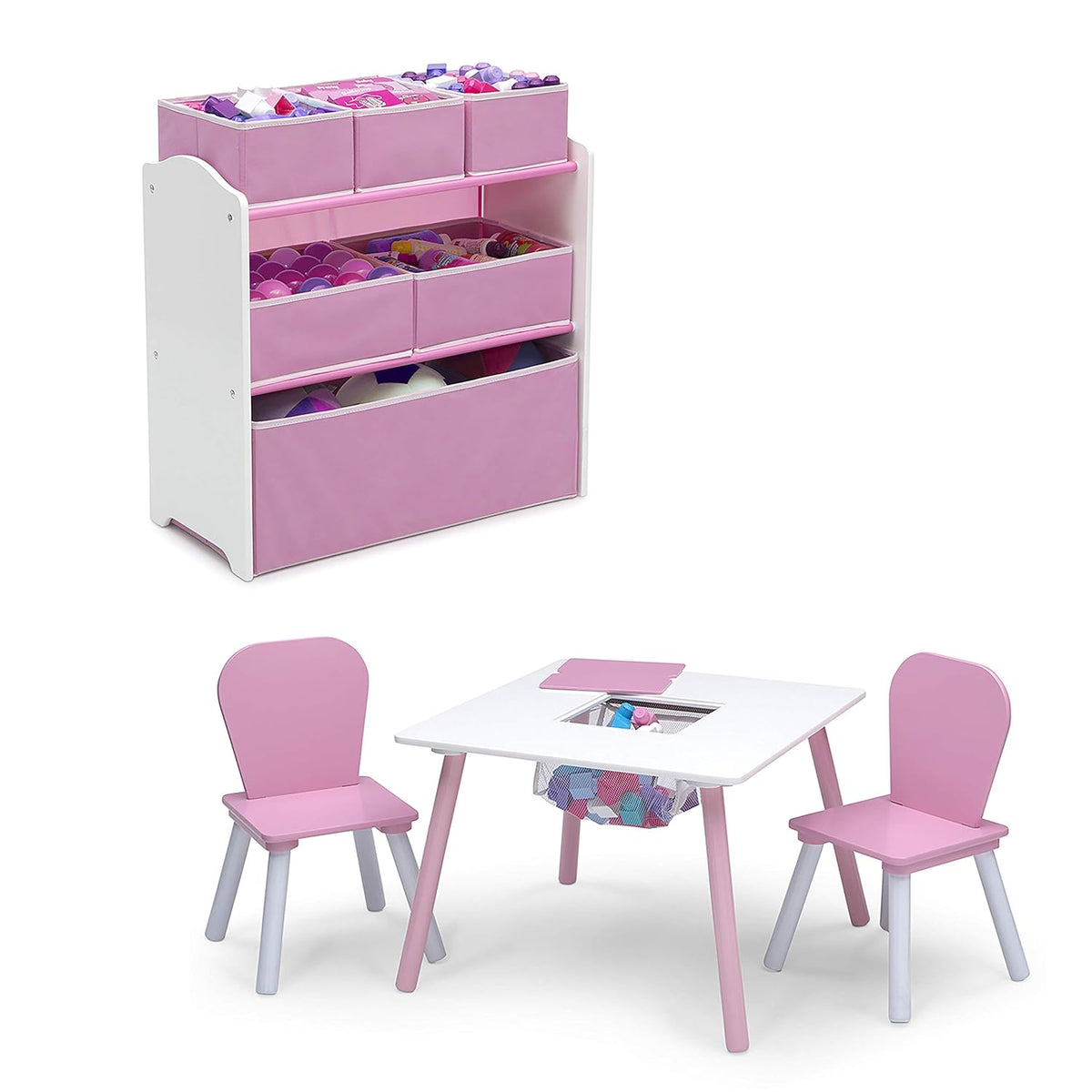 Delta Children 4-Piece Toddler Playroom Set, Pink/White, Table and 2 Chairs and 6-Bin Toy Organizer & Canton Toddler Bed, Greenguard Gold Certified, Grey
