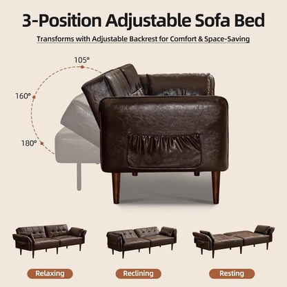 HALLYBEE 85" Futon Faux Leather Couch with Adjustable Armrests Coffee Brown | Futon Sofa Bed, Sleeper Sofa, Small Couch with Pillows, Side Pockets, Mid Century Modern, Living Room, Bedroom, Apartment