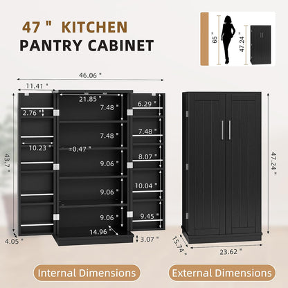 Shintenchi 47'' Kitchen Pantry Cabinet, 5-Layer Storage Cupboard, Black | Adjustable Shelves, for Organizing and Storing Food Items, Versatile Buffet Sideboard, for Kitchen, Bathroom and Laundry