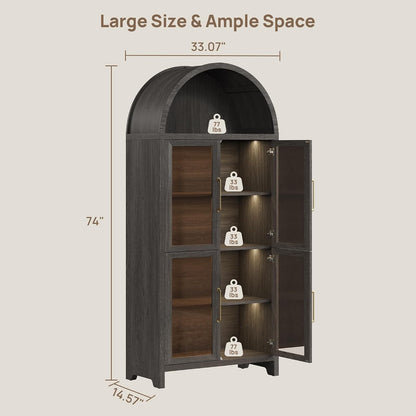 SICOTAS 74" Arched Display Cabinet with Glass Doors Set of 2, Dark Grey Oak