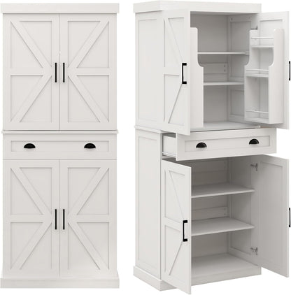 72" Farmhouse Storage Cabinet,Tall Kitchen Pantry Cabinet with 4 Barn Door,1 Drawer & 2 Adjustable Shelves,Freestanding Cupboard for Dining Room,Living Room,Bathroom (White, 72 Inch)