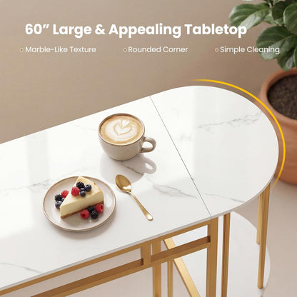 COSTWAY Bar Table Set for 2 with Storage Shelves, 60" Dining Table & 2 Upholstered Barstools with Faux Marble Tabletop, 3-Piece Bar Height Dining Set for Kitchen, Small Space (Golden & White)
