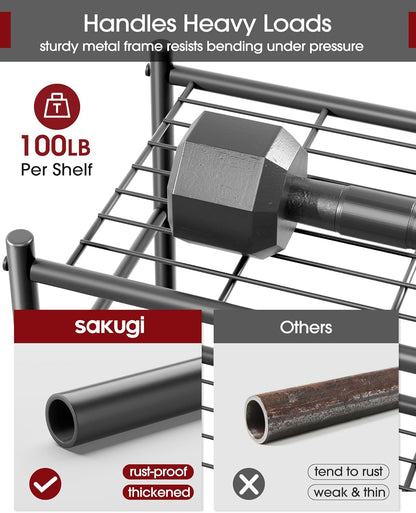 Sakugi Storage Shelves - 5-Tier Large Capacity Shelf Organizer with Hooks, Heavy-Duty Garage Shelving with Leveling Feet, Wobble-Free Rack for Bedroom, Balcony, Garage, 18.1"×12.4"×56.8", Black
