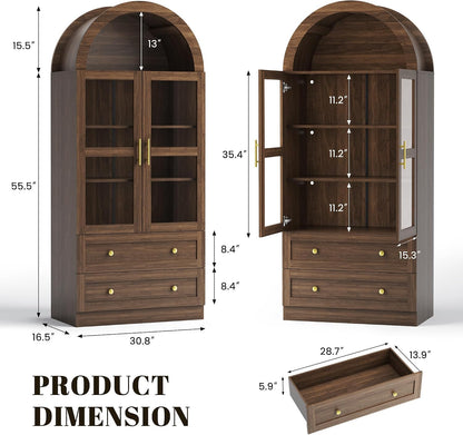 71" Tall Arched Kitchen Pantry Cabinet, Modern Farmhouse Kitchen Storage Cabinet with 2 Large Drawers & Acrylic Doors, Freestanding Versatile Cupboard for Living Room, Dining Room, Brown