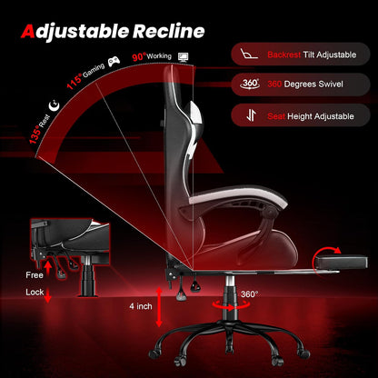 Gaming Chair with Footrest, Ergonomic Video Game Chair for Adults, White | PU Leather, Headrest and Lumbar Support, Height Adjustable 360° Swivel High Back Reclining Computer Chair for Home Office