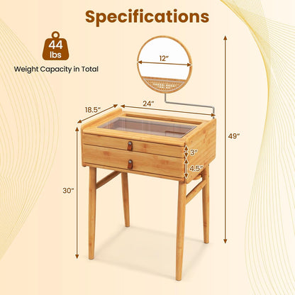 COSTWAY Bamboo Vanity Desk with Adjustable Round Mirror and 2 Drawers | Makeup Vanity Set w/ Tabletop Storage Compartment & Tempered Glass Tabletop, Small Bedroom Dressing Table for Adult Teens