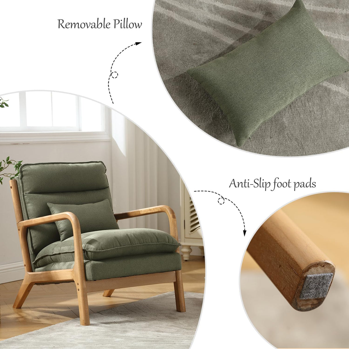 INZOY Mid Century Modern Accent Chair with Wood Frame, Upholstered Reading Armchair with Waist Cushion, Double Padded Accent Chair, Side Chair for Living Room Bedroom Office, Easy Assembly, Green