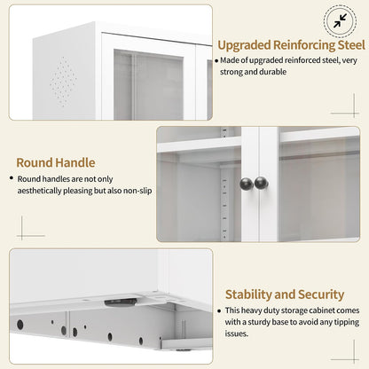 Kitchen Pantry Cabinet, 72" H Storage Cabinet with Glass Doors and Adjustable Shelves, Spacious Cupboard with Round Handles, Metal Kitchen Cabinet for Dining Room, Living Room, White