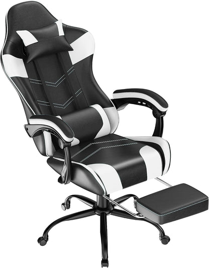 Gaming Chair with Footrest, Ergonomic Video Game Chair for Adults, White | PU Leather, Headrest and Lumbar Support, Height Adjustable 360° Swivel High Back Reclining Computer Chair for Home Office