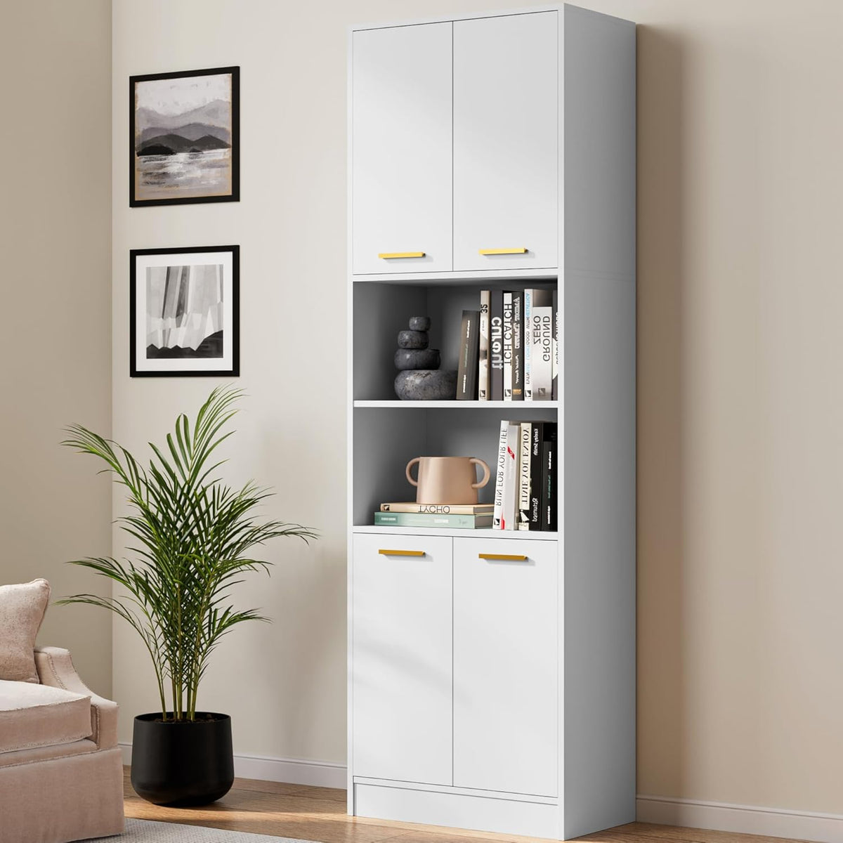 Cozy Castle Kitchen Pantry Cabinet, 75" Tall Wood Storage Cabinet with Doors and Shelves, 4 Doors Open Countertop Utility Hutch Cupboard for Dining Room Living Room Bathroom Furniture, White
