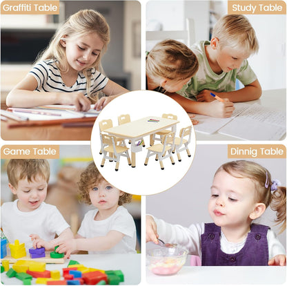 Kids Table and 6 Chairs Set, Adjustable Study Activity Table Ages 2-10