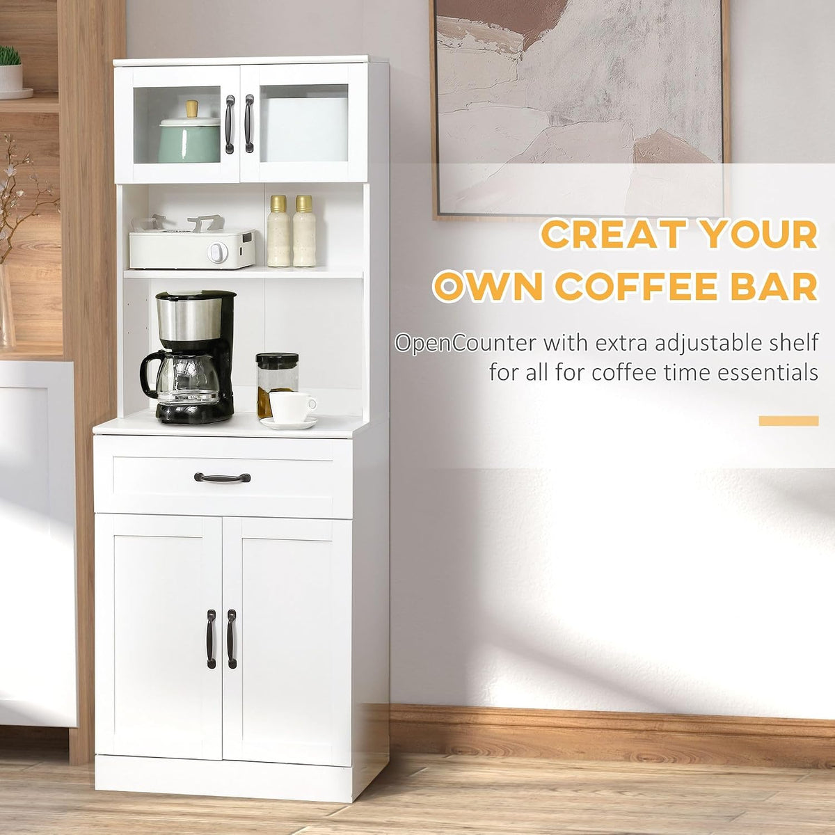 63.5in Timeless Classic 4-Door White Freestanding Buffet Cabinet with Hutch Adjustable Shelves & Coffee Bar Modern Design