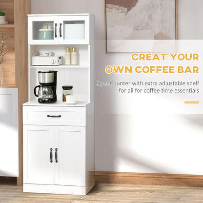 63.5in Timeless Classic 4-Door White Freestanding Buffet Cabinet with Hutch Adjustable Shelves & Coffee Bar Modern Design