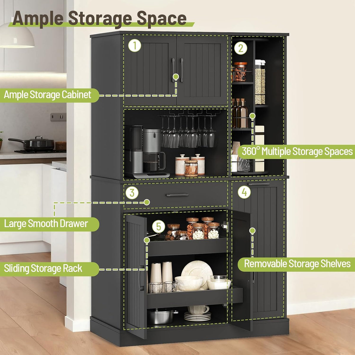 Pantry Cabinet, 67.7" Tall Kitchen Pantry Storage Cabinet with 360° Rotating Shelf & 2 Pull-Out Racks, Freestanding Kitchen Hutch with Charging Station & Drawer, for Dining Room, Black