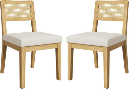 Garvee Rattan Dining Chairs Set of 2, French Country Upholstered Dining Chairs Wood Frame, Rattan Backrest, Armless Chair for Kitchen Restaurant Dining Room Bedroom, Linen, Natural