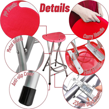 Folding Stools for Adults Portable, 28 inch Collapsible Stool Heavy Duty, Indoor Tall Bar stools with Handle, Plastic Counter Barstool Chair for Kitchen Outdoor Travel (Red A, H72xW31cm(28x12inch))