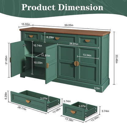 HLR 60” Large Buffet Sideboard Cabinet with 4 Doors and 3 Drawers Shaker Style, Coffee Bar Storage Cabinet for Dinning Room, Kitchen, Living Room, Green