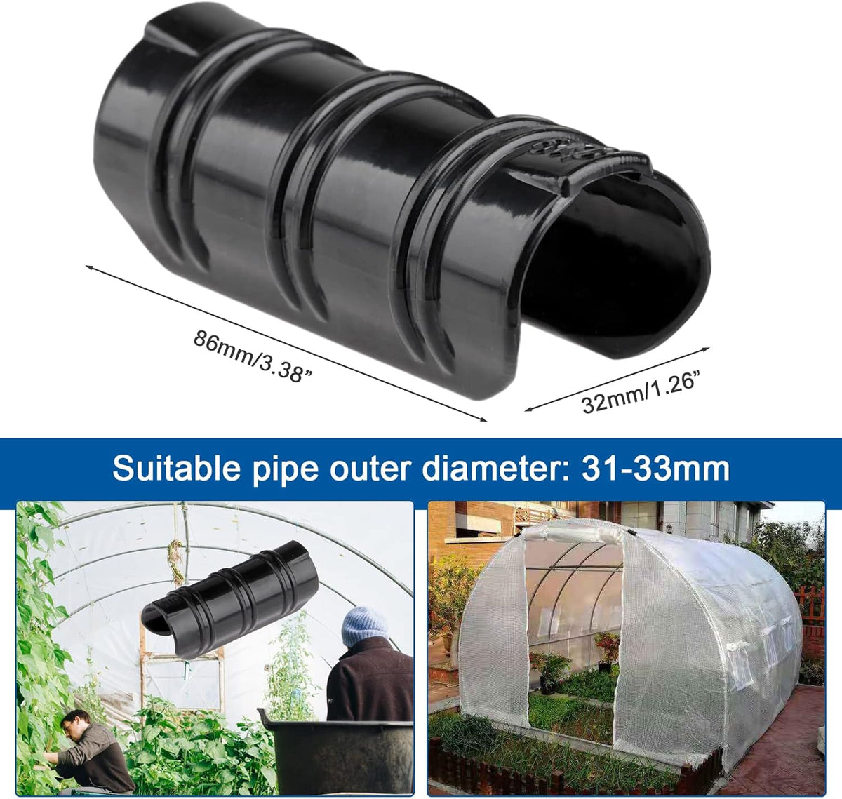 Mtsooning 32mm Greenhouse Frame Pipe Tube, 10 Pcs Plastic Garden Buildings Tube Clip, Black ABS Snap Clamp Tube Film Clip Connector for Sunshade Nets Frame Shelters Season Plant Supplies