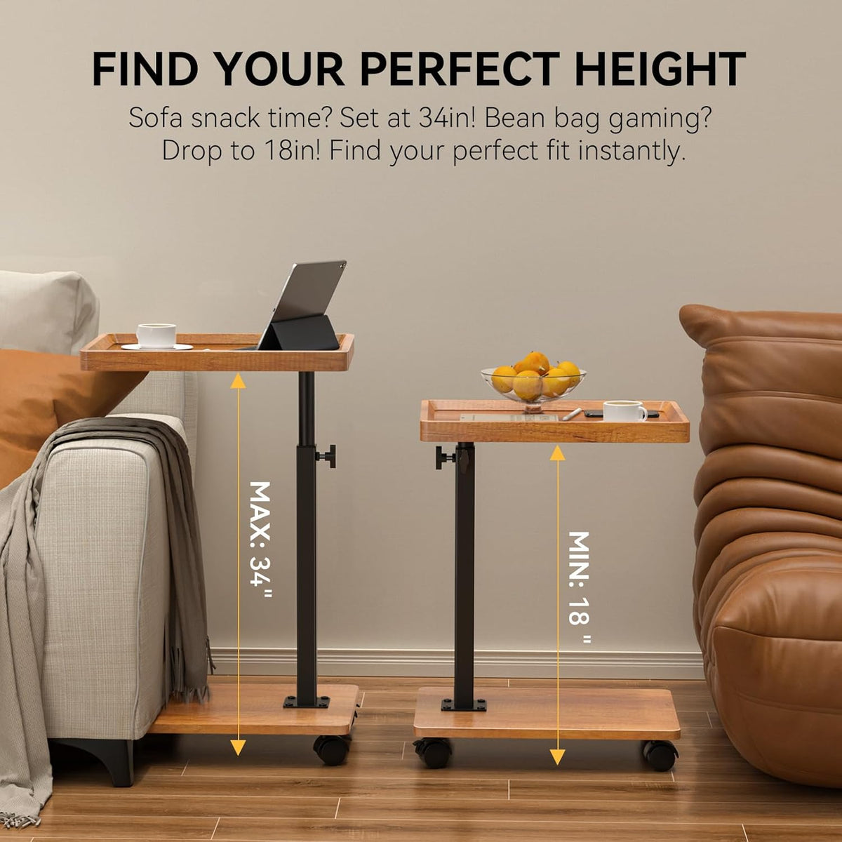 XNSDXV C Table End Table Adjustable Height, 360°Swivel TV Tray Table for Small Spaces, Couch Tables That Slide Under, C Shaped Side Tables Living Room and Bedroom for Sofa, Bed,Chair, Snack