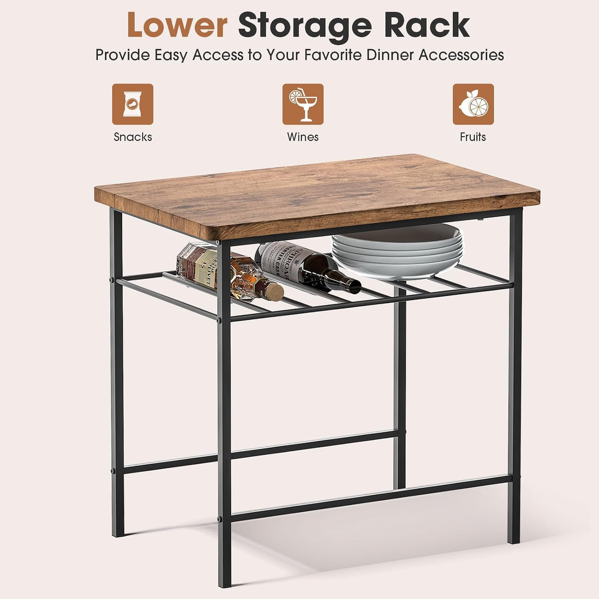 Fenbeli 3 Piece Dining Table Set - Small Kitchen Table & Chair Sets for 2, Breakfast Table Set w/Steel Frame, Built-in Storage Rack for Dining Room, Living Room, Apartment (Brown, Small)