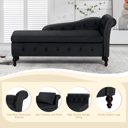 Chaise Lounge with Right Armrest & Lumbar Pillow,Button Tufted Lounge Sofa with Storage,Lounge Chair Indoor,Modern Upholstered Velvet Lounge Chair for Bedroom, Living Room and Office,Black