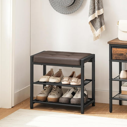 HOOBRO Small Shoe Bench, 3-Tier Shoe Rack, Shoe Storage Bench with PU Seat Cushion, Entryway Shoe Rack Bench with Metal Mesh Shelves, Freestanding Shoe Organizer for Hallway, Brown CB33HX01