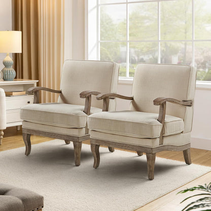 HULALA HOME Mid-Century Modern Accent Chairs Set of 2, Upholstered Lounge Arm Chair with Solid Wood Legs and Armrest, Removable Cushion Comfy Reading Armchair for Living Room, Bedroom, Balcony, Linen