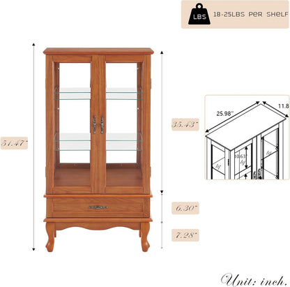 52" Lighted Accent Curio Cabinet, 3-Tier Antique Storage Cabinet with Tempered Glass Adjustable Shelves & Drawer, Acrylic Pane, Light Blub Included, China Display Case for Living Room (Dark Oak)