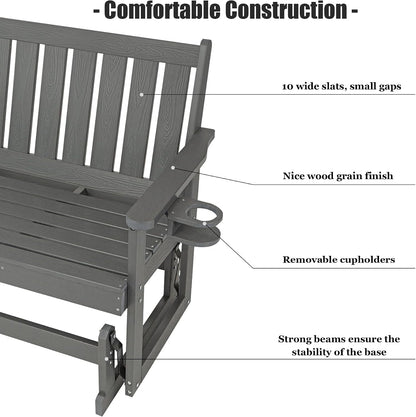 Poly Lumber Patio Glider, HIPS Material Weather-Resistant Swing Bench for Outdoor Porch Garden, Gray