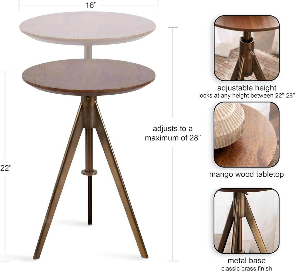 Kate and Laurel Keres Mid-Century Adjustable-Height Round Pedestal Side Table, 16 x 16 x 28, Walnut Brown and Brass, Modern Circle End Table for Use as Indoor Plant Stand or Bedroom Nightstand