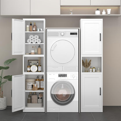 67" Tall Narrow Bathroom Storage Cabinet, Slim Metal Cabinet with Doors and Adjustable Shelves, Freestanding Pantry Organizer for Small Spaces, Bathroom, Kitchen, Laundry Room, Living Room, White