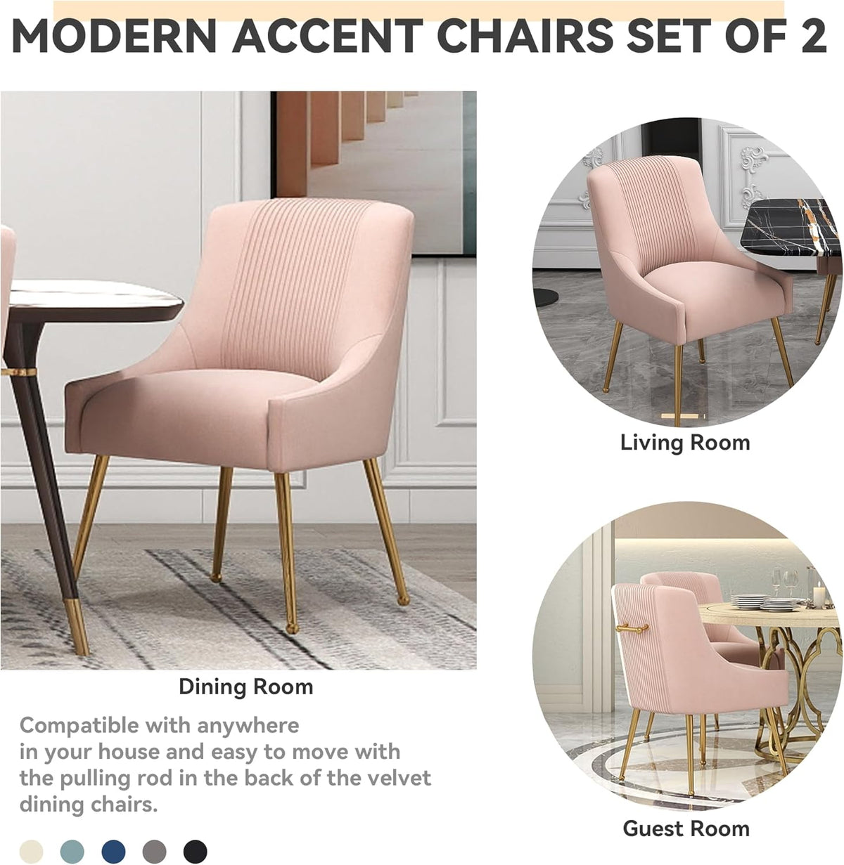 Modern Dining Chairs, Velvet Upholstered Dining Room Chairs with Gold Legs,Tufted Accent Chair Set of 8 for Reception Room Living Room Study Room(Pink)
